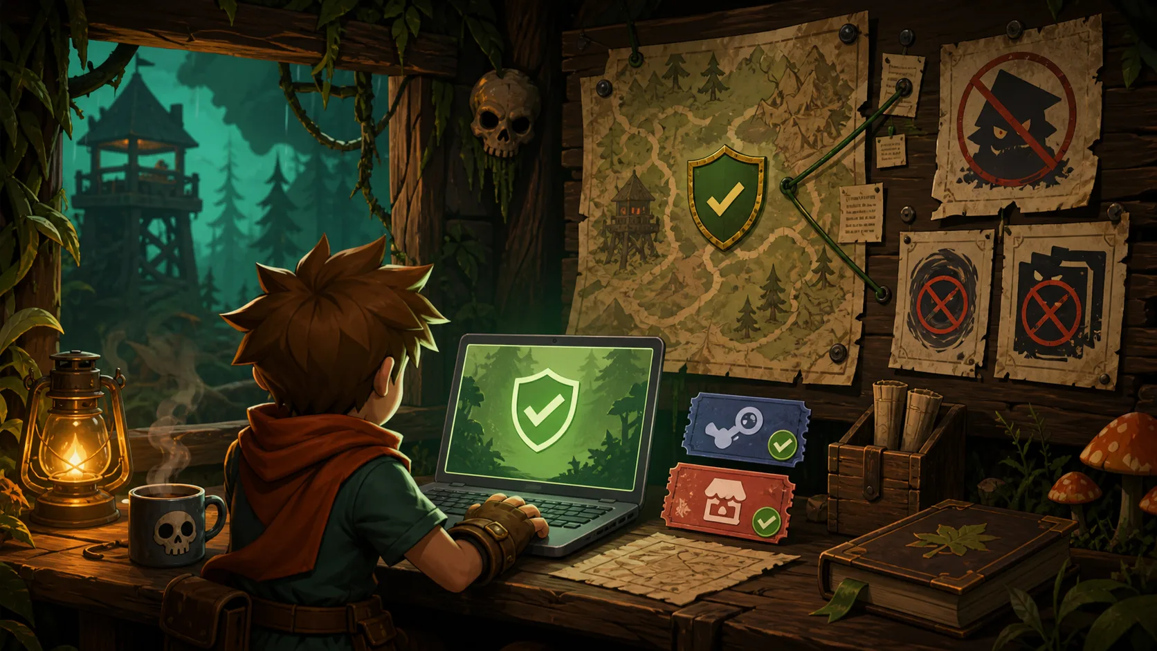 A ranger hut desk with a laptop, pinned maps, official download clues, and warning signs against fake mirrors.