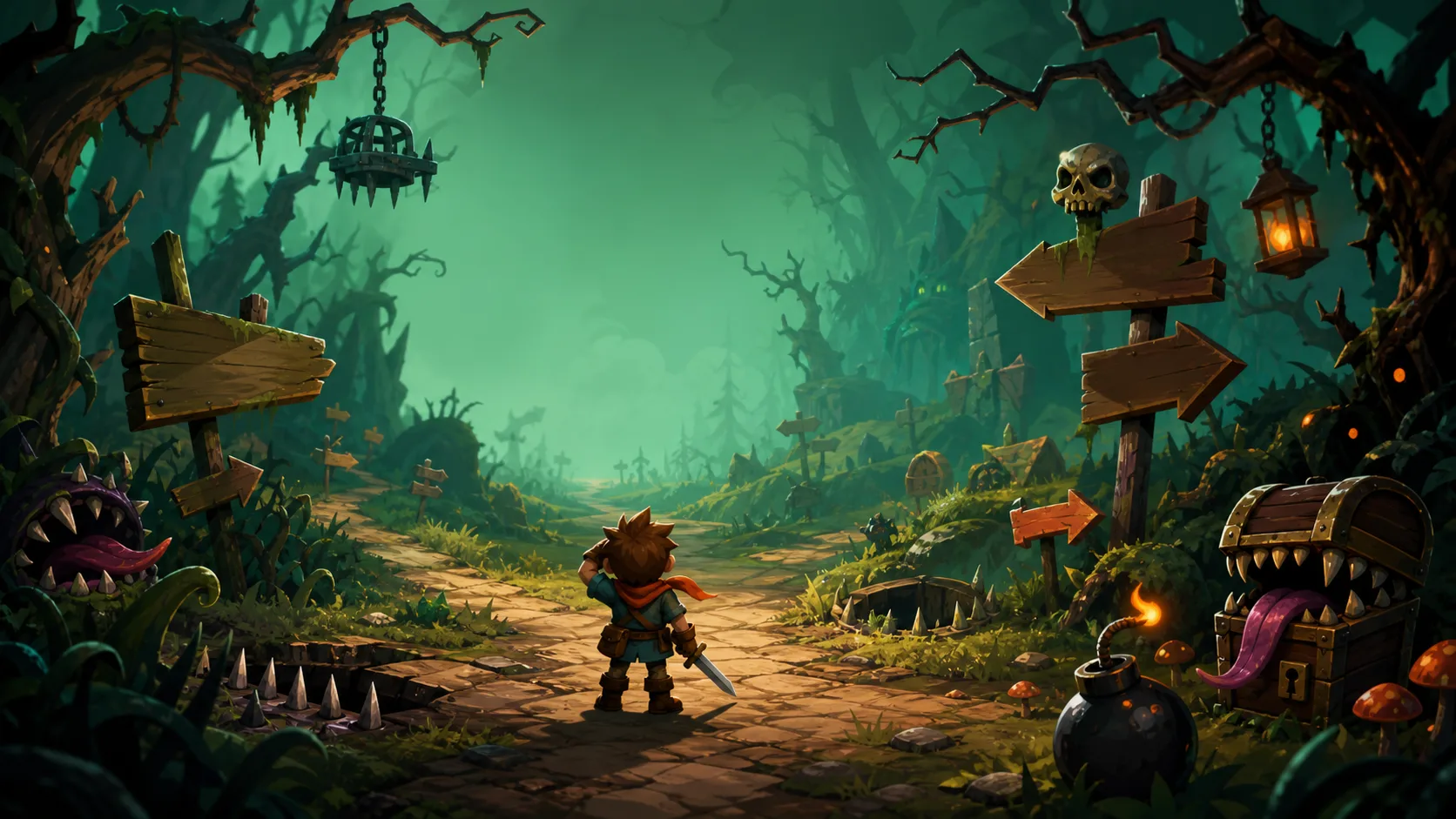 A colorful forest path full of deceptive signs, hidden traps, and a cautious adventurer.