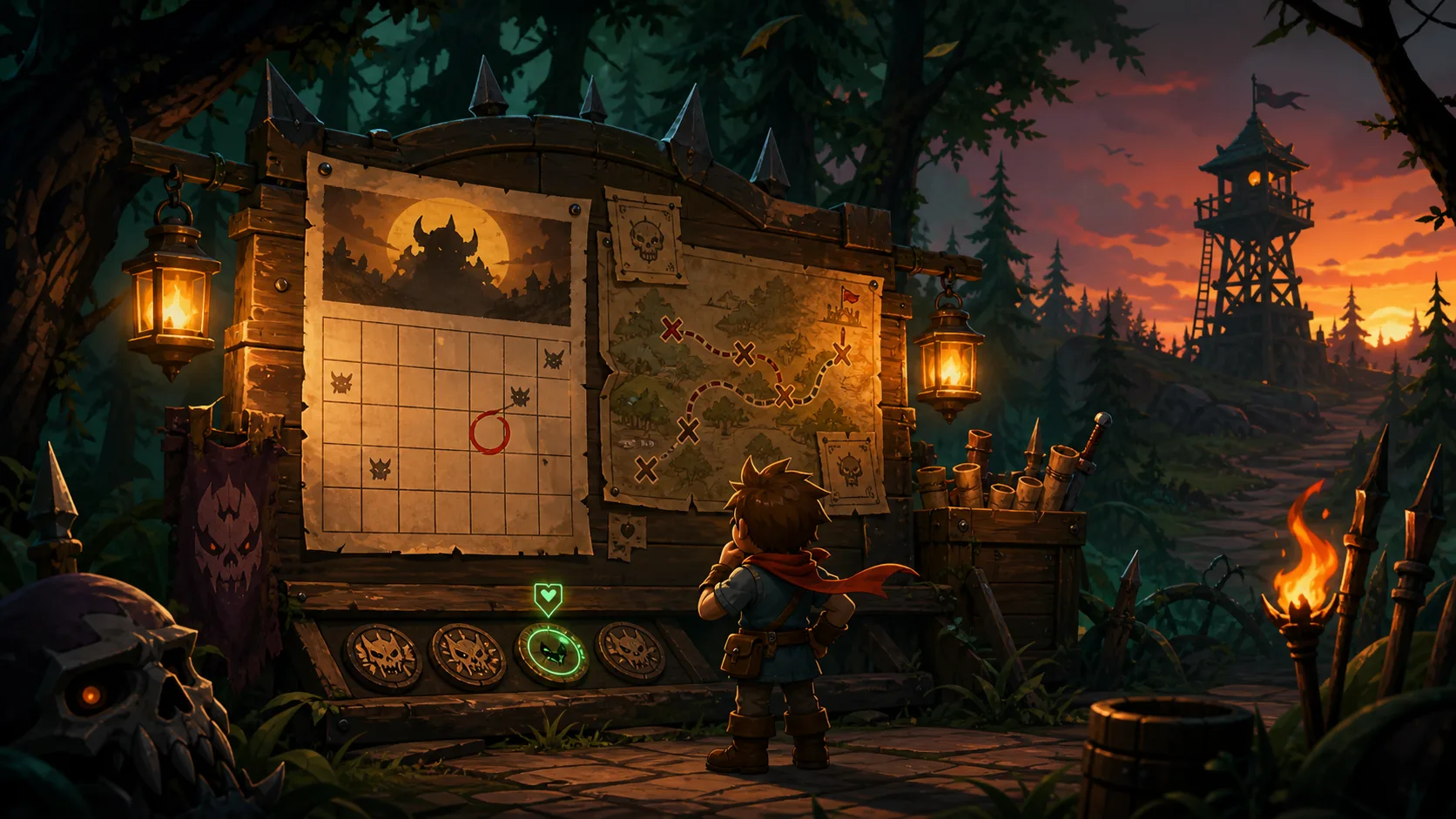A forest watchboard lit by lanterns with a route map, calendar pins, and a distant lookout tower.